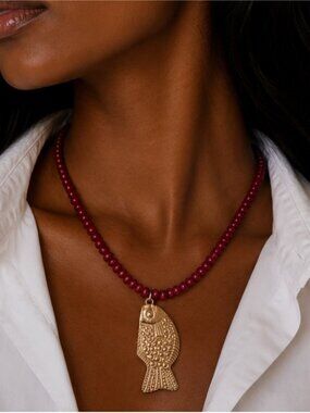 New! Coastal Red Beaded Gold Fish Necklace NWOT (4004)